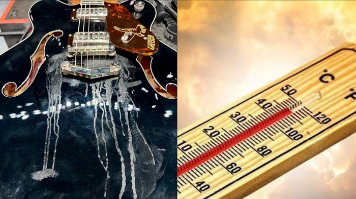Foto Kolase: Panas ekstrem di Riyadh membuat gitar Guns N’ Roses meleleh saat konser. Richard Fortus membagikan foto wax pickup gitarnya yang meleleh akibat suhu mencapai 109 derajat Fahrenheit. (Facebook Richard Fortus/BMKG)