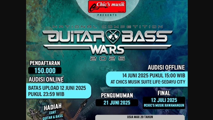 Foto: Chic's Musik kembali menggelar kompetisi musik bergengsi, Guitar & Bass Wars 2025, yang terbuka untuk gitaris dan basis muda berbakat di seluruh Indonesia. Dengan hadiah menarik dan kesempatan tampil di panggung besar, ajang ini menjadi wadah sempurna untuk menunjukkan kemampuan musikalitas generasi muda. (Istimewa)